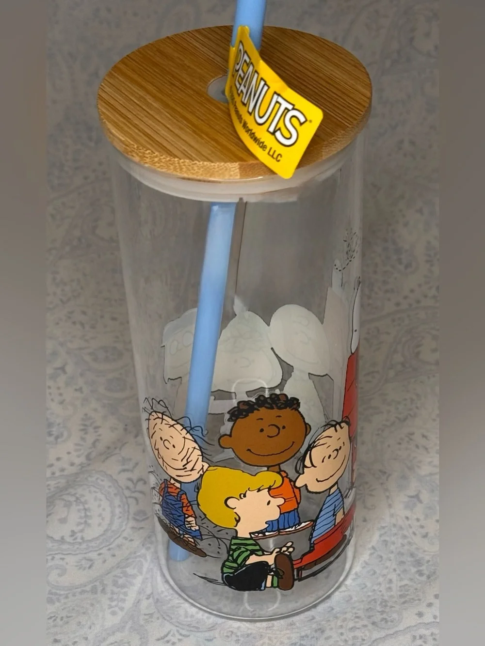 Peanuts Woodstock, Snoopy, Gang Glass Tumbler with Bamboo Lid Blue Plastic Straw